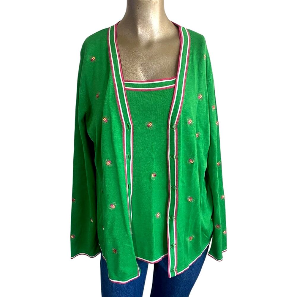 VTG Quacker Factory Green Knit Cardigan Set M-L Embroidered Bumblebee Twinset